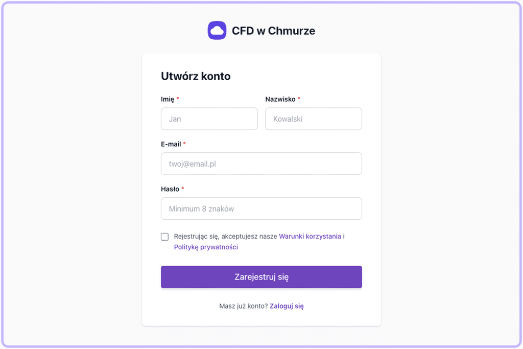 Formularz tworzenia konta w platformie CFD w chmurze
